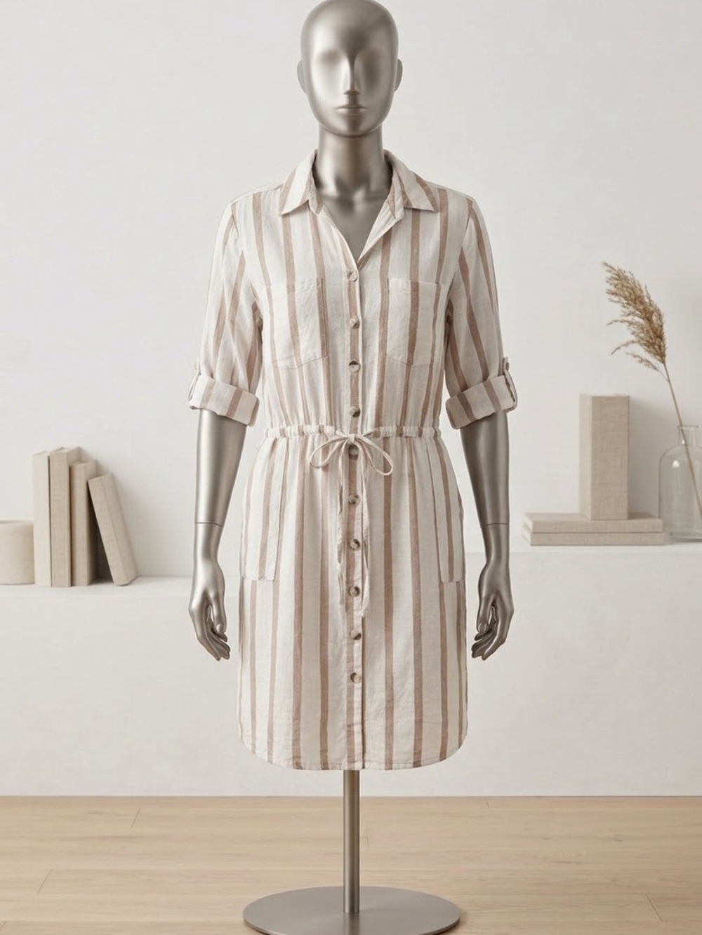 Cato Beige and White Striped Button-Front Shirt Dress size 14-16